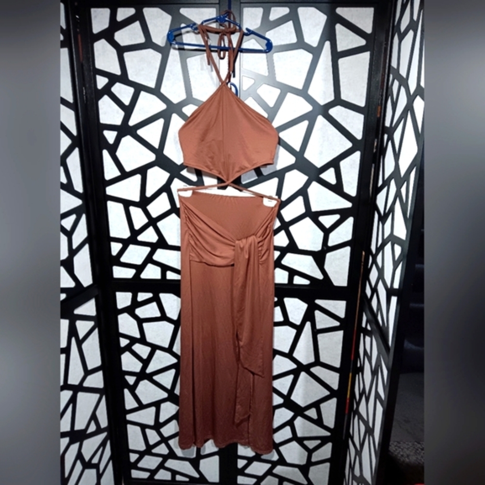 Almost Famous - Halter Top and Maxi Skirt 2-pc Set - Brown - M
